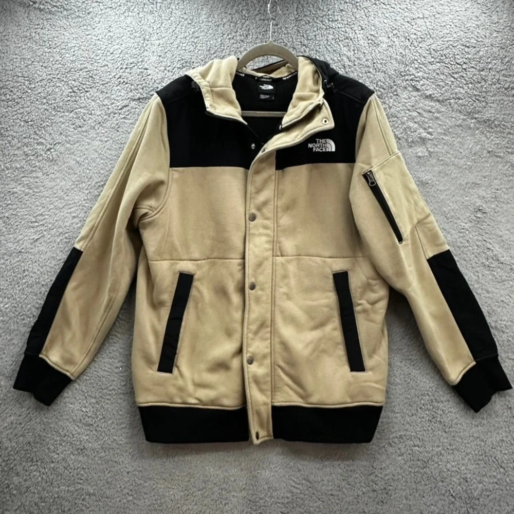 The North Face Men's Large Fleece Hooded Jacket Tan Black Colorblock Full Zip